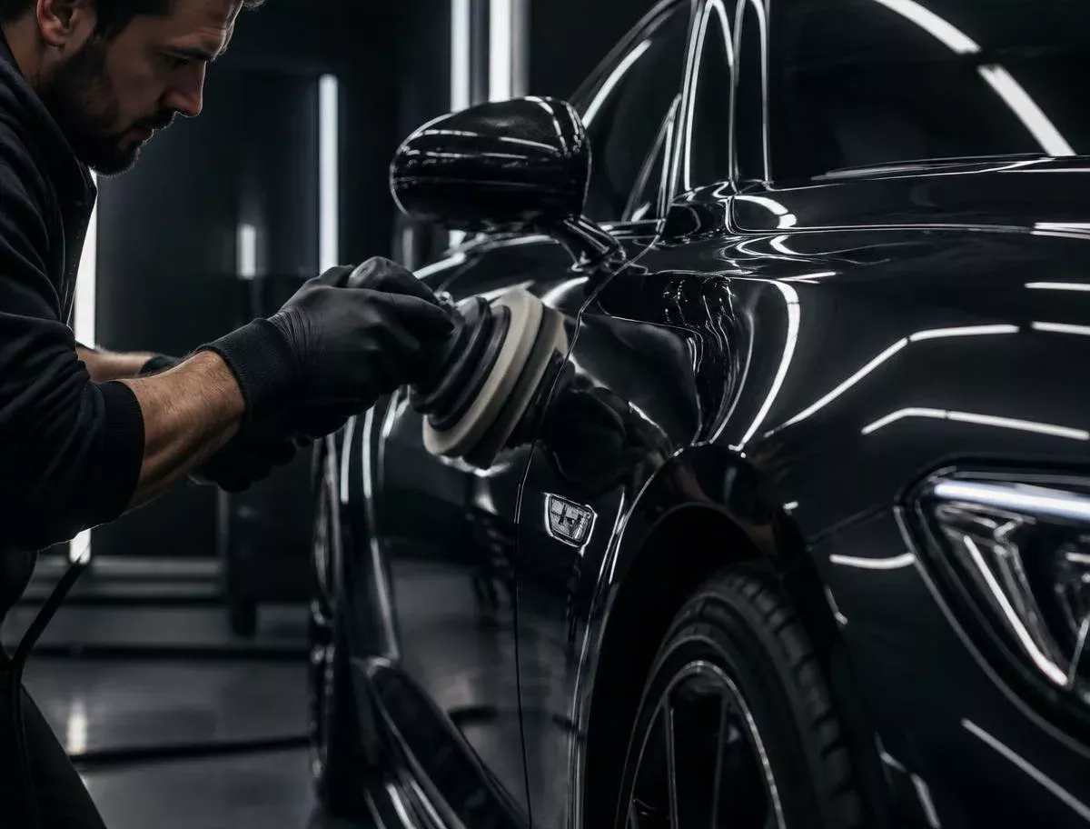 Detailer machine-polishing black paint