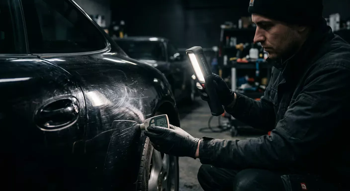 Detailer checking black paint with an inspection light and a paint depth gauge