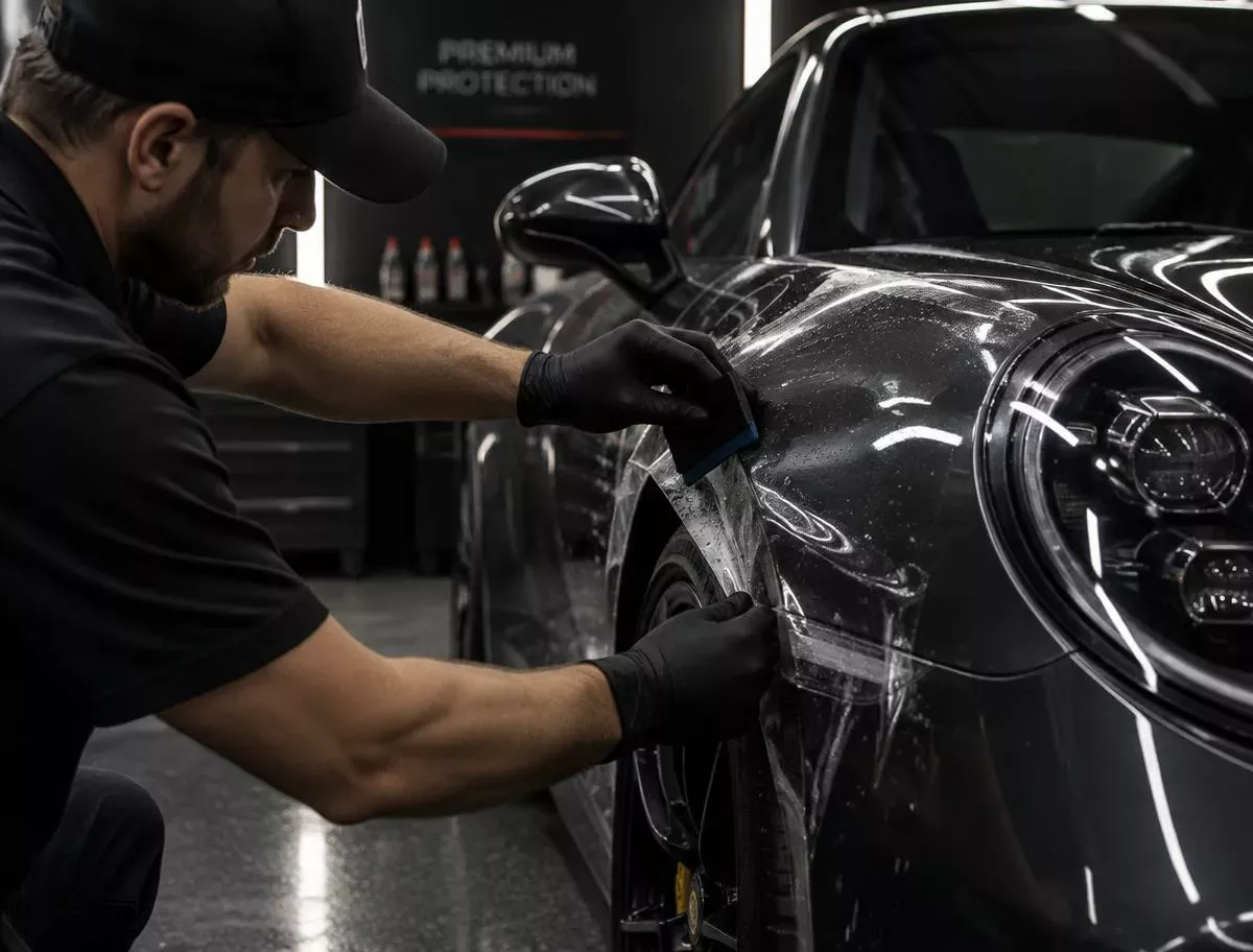 Installer fitting paint protection film to a front wing