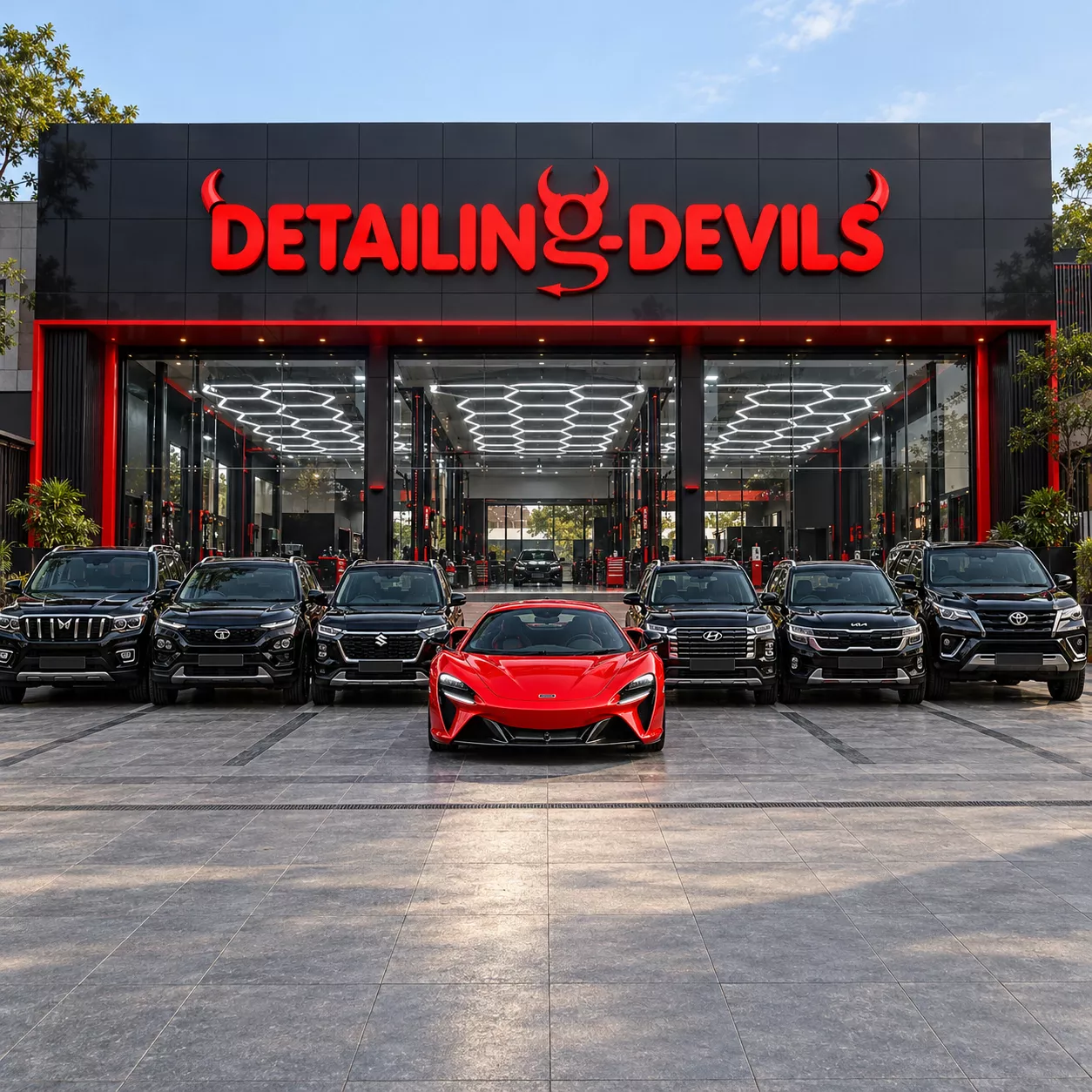 Satin blue Dodge Charger SRT outside a Detailing Devils studio