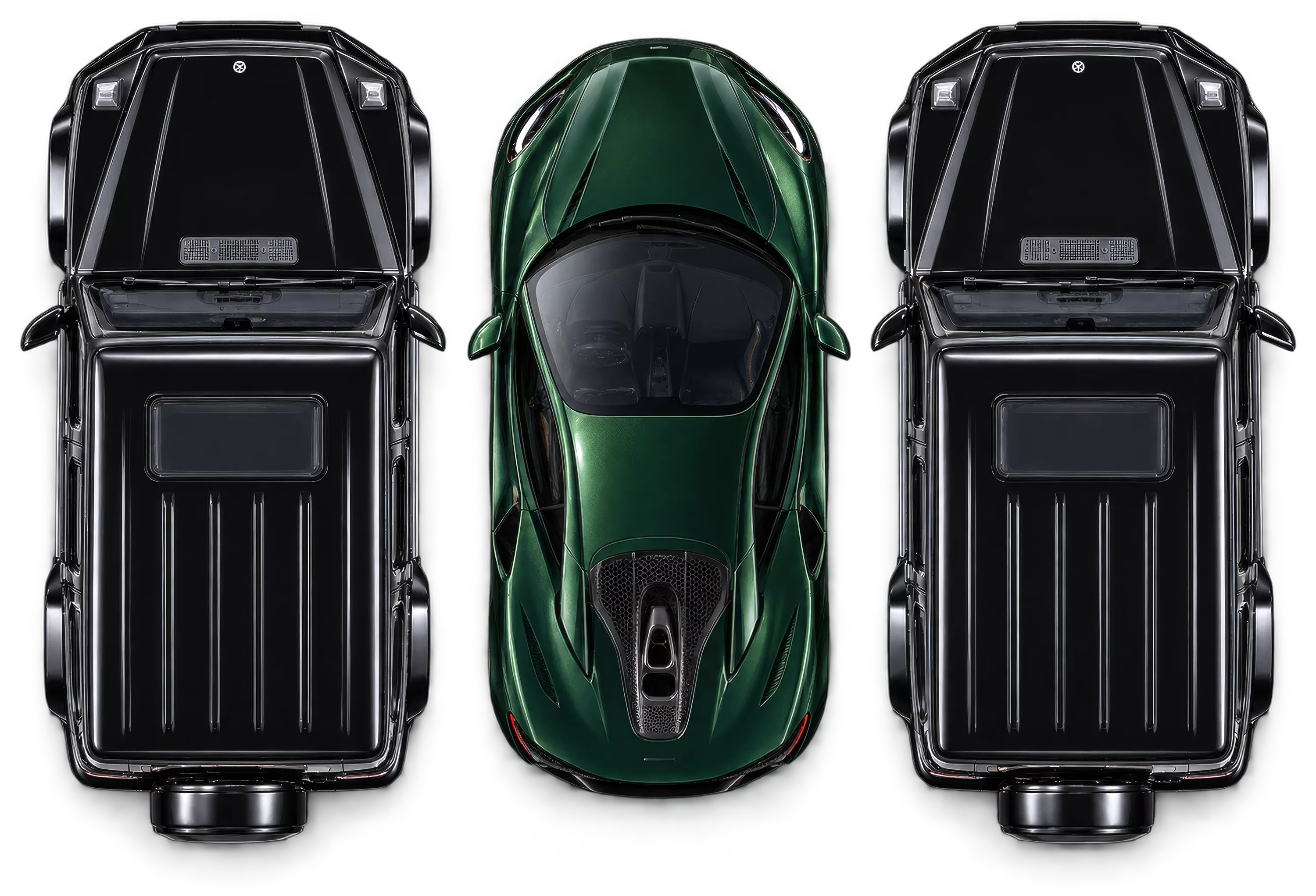 Top view of two black G-Wagons and a green McLaren driving side by side