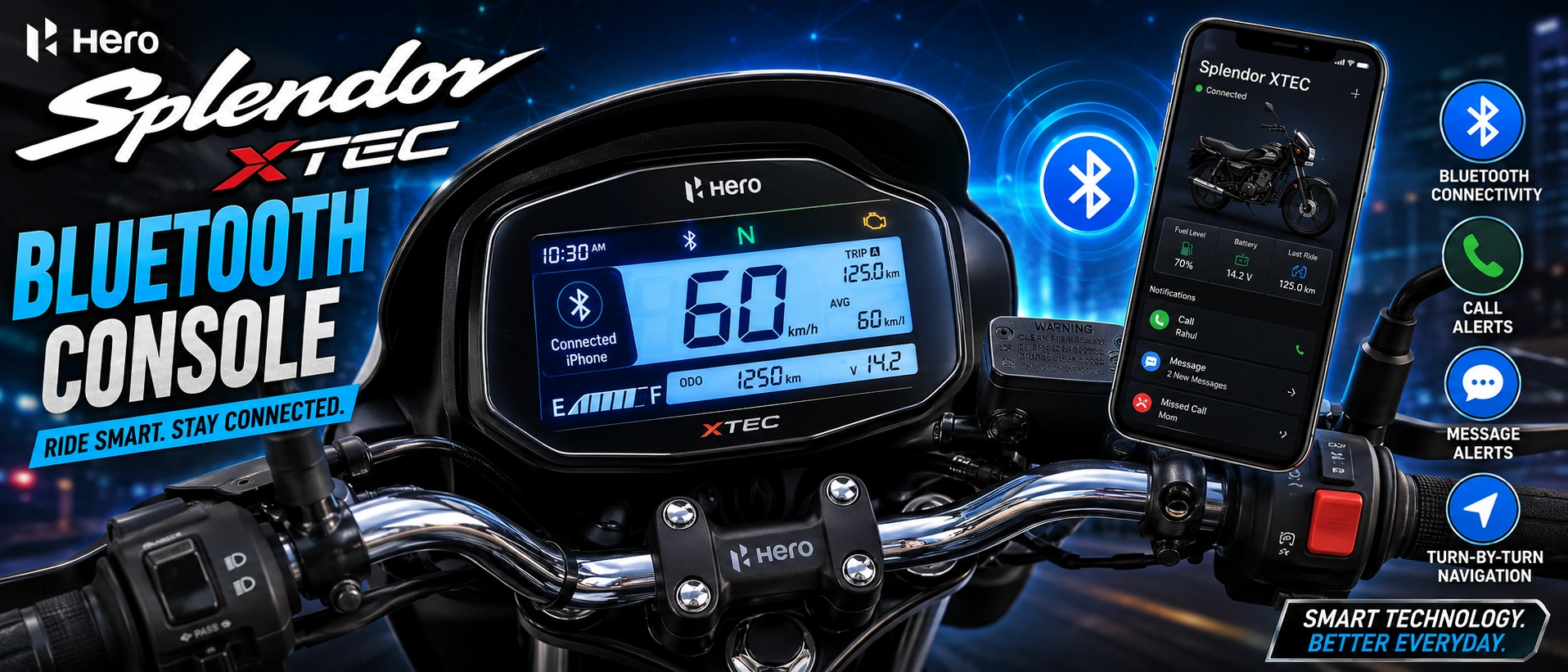 Hero Splendor XTEC digital instrument cluster Bluetooth connectivity