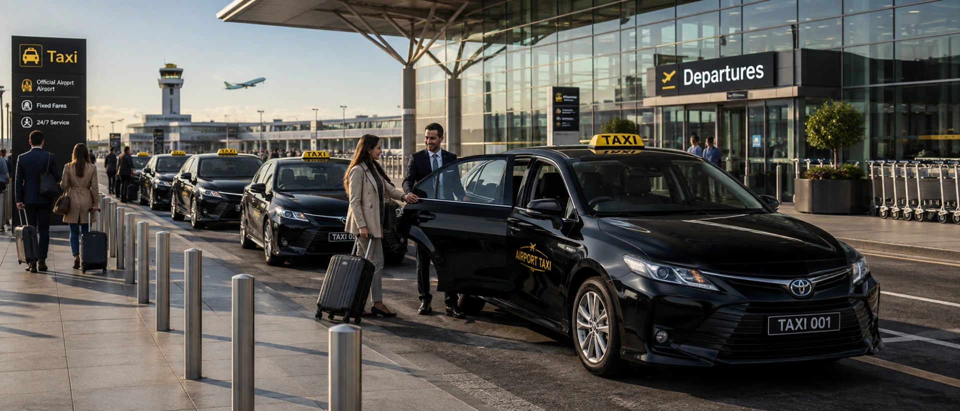 Professional taxi fleet at airport with passengers and luggage