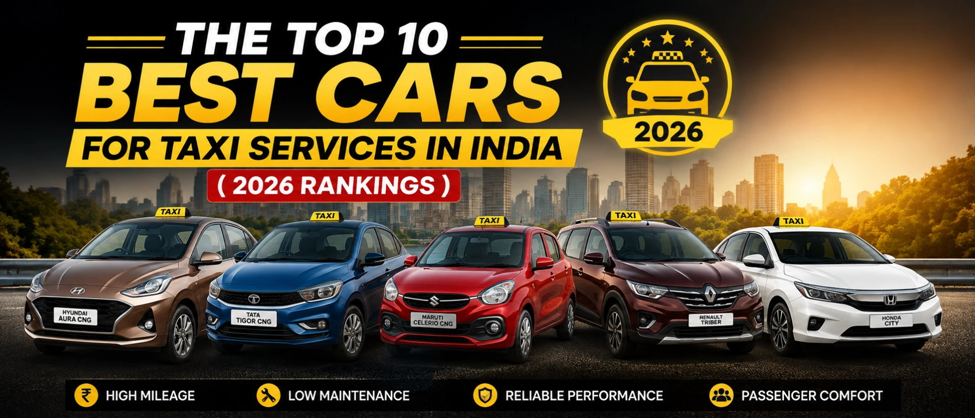 Premium collage of top taxi cars Hyundai Aura Tata Tigor Maruti Celerio