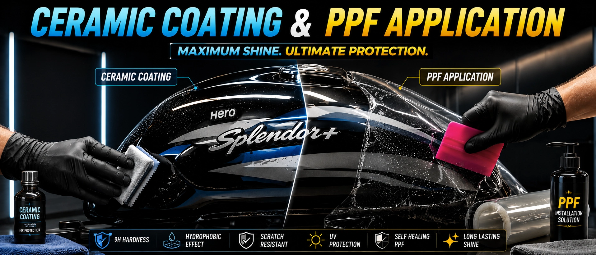 Ceramic coating and PPF application on Hero Splendor tank