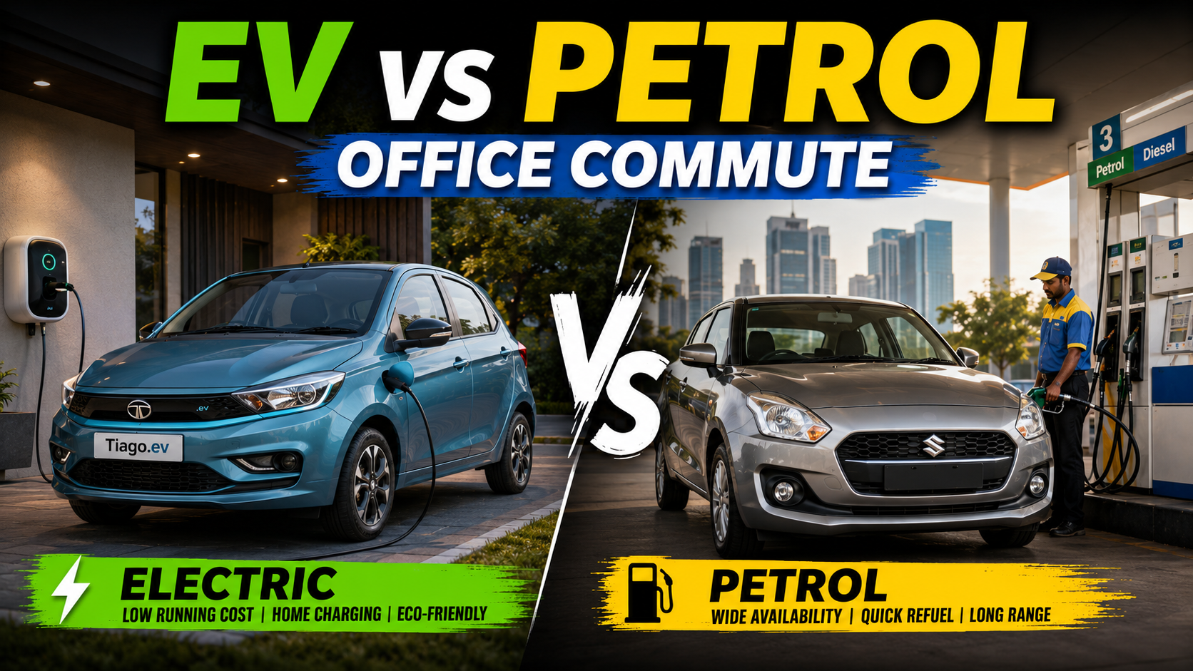 Tata Tiago EV and petrol hatchback comparison for office commute