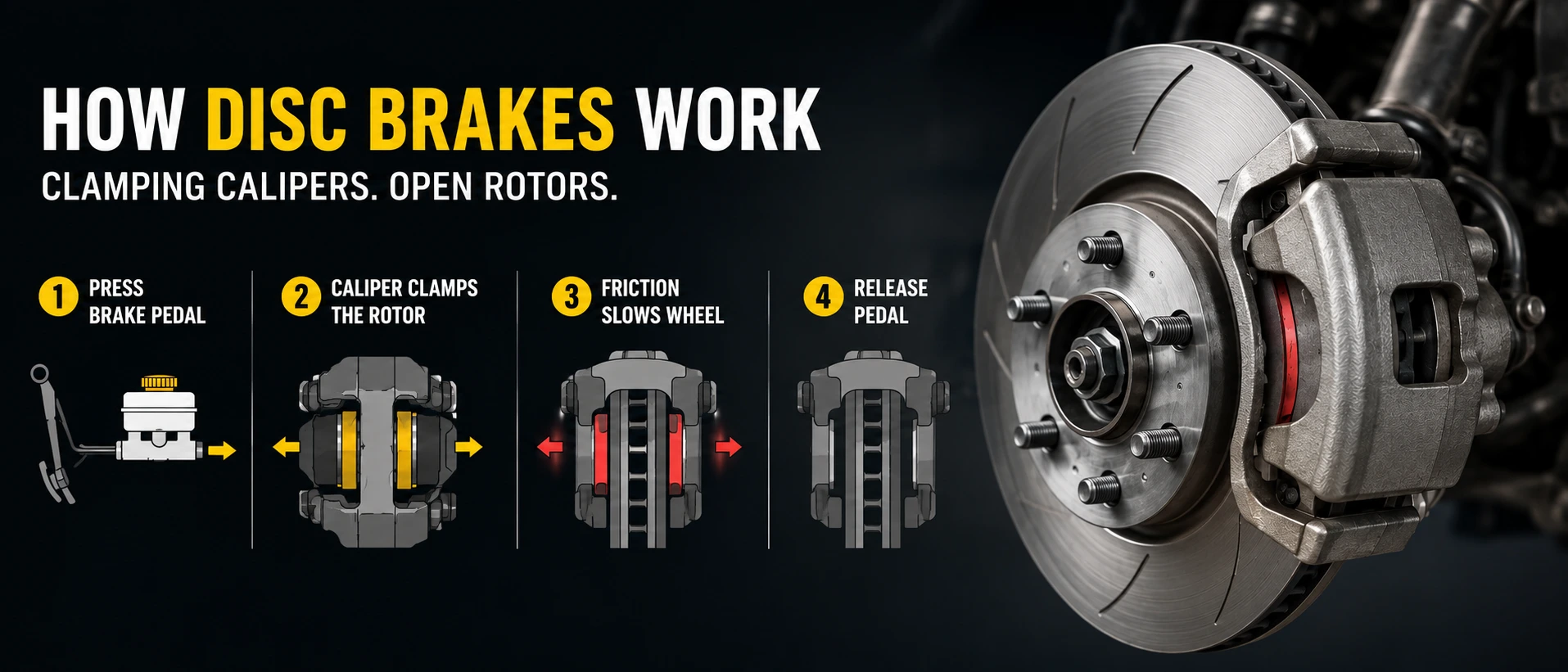 Ventilated disc brake rotor with caliper and brake pads