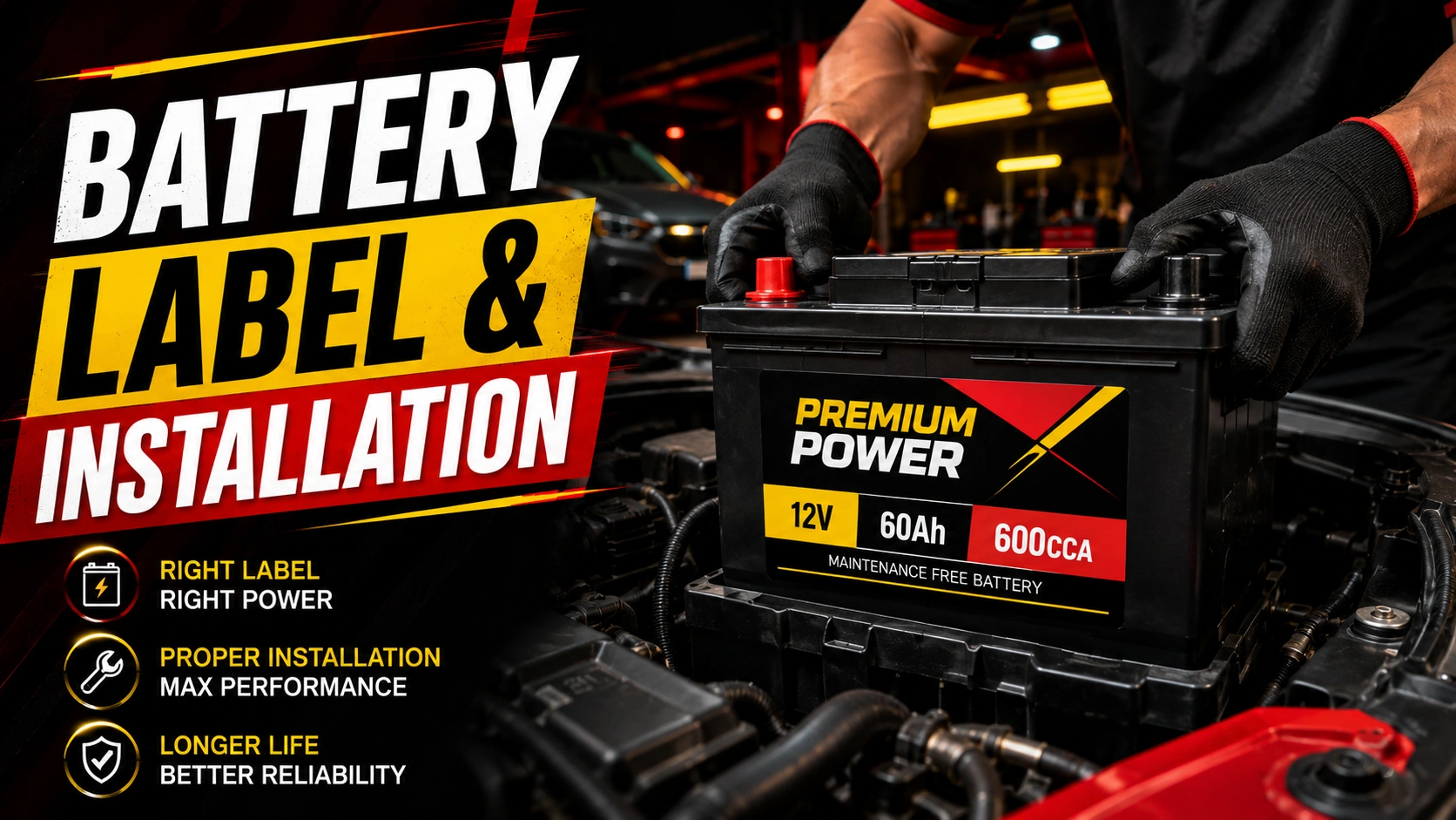 close-up of premium car battery with visible labels 12V 60Ah 600CCA