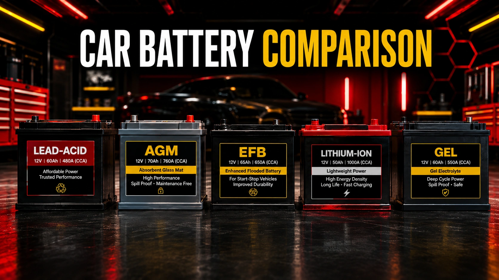 comparison of Lead-Acid, AGM, EFB, Lithium-Ion, and Gel batteries