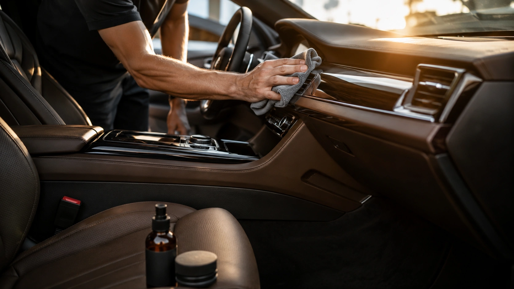 luxury car interior being cleaned with microfiber cloth and leather conditioner