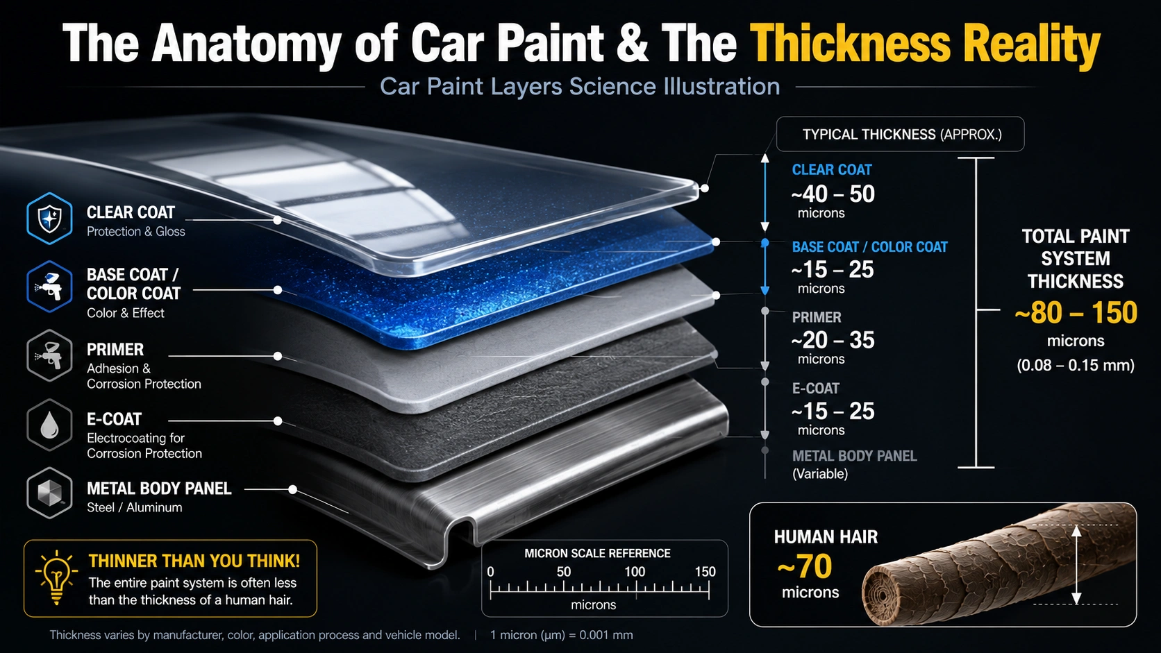 car paint layers explained with clear coat scratches diagram