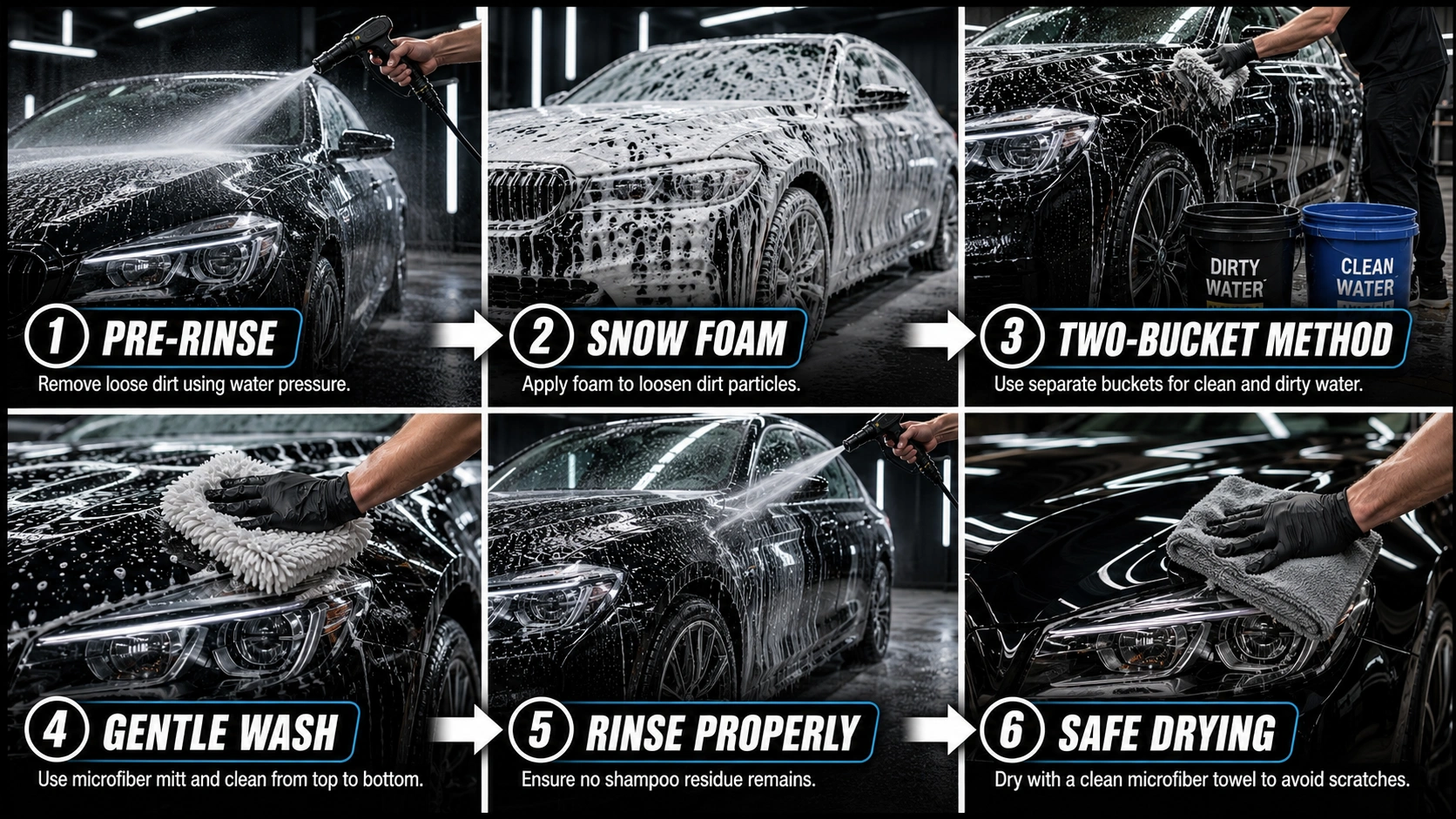 step by step car washing process foam wash rinse dry microfiber towel