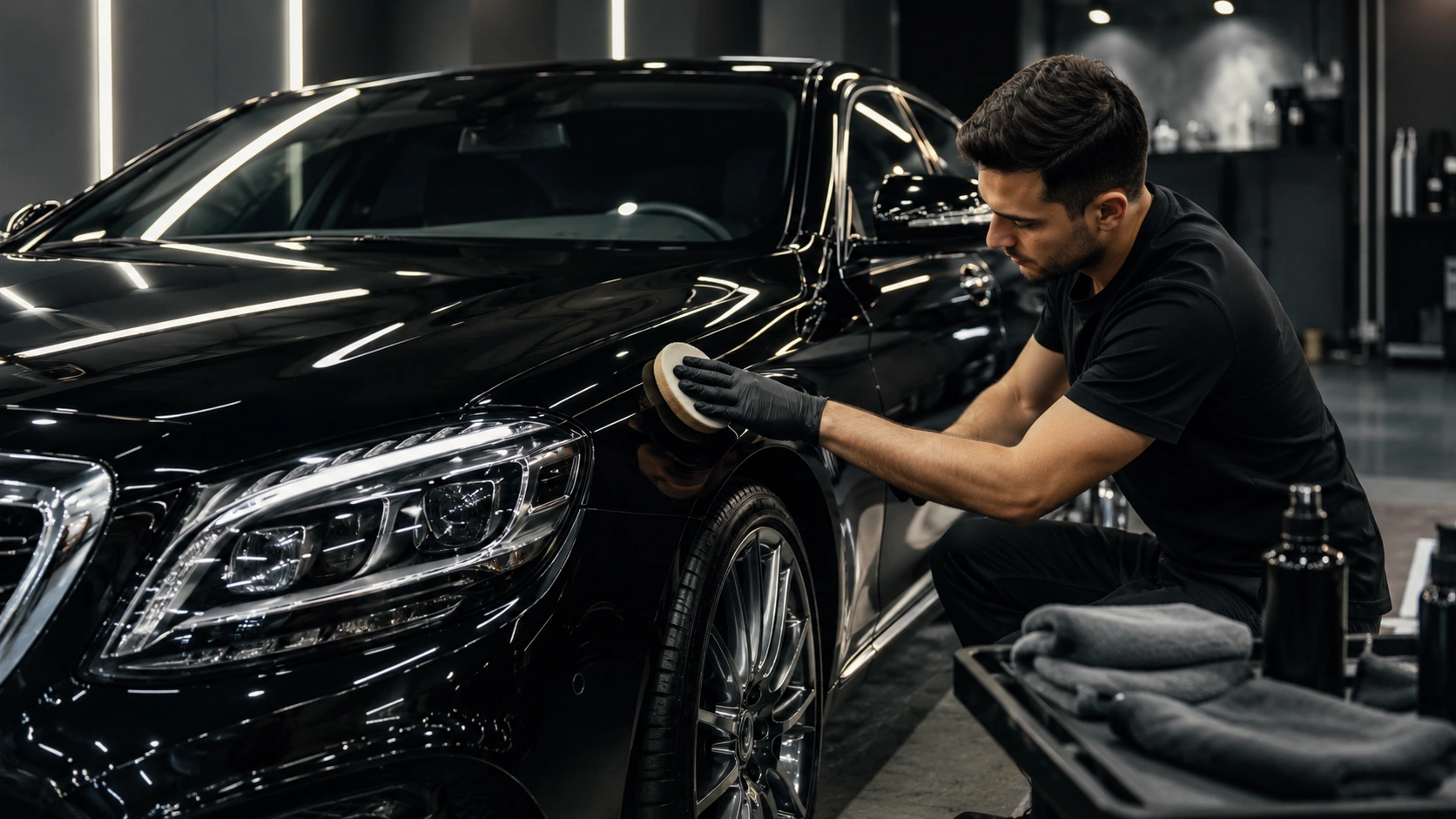 premium car wax on luxury black sedan