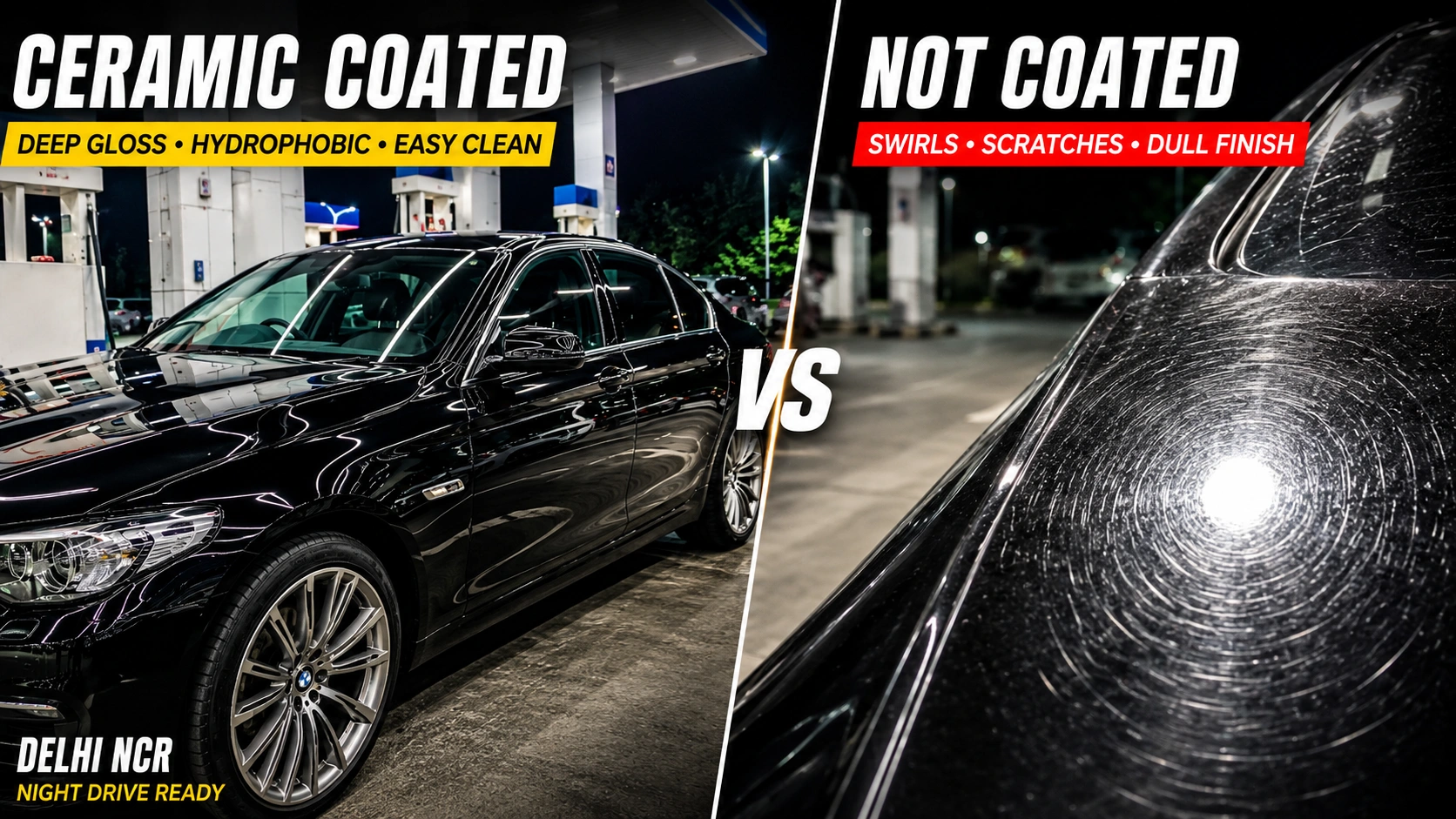 ceramic coated car reflection under petrol pump LED lights