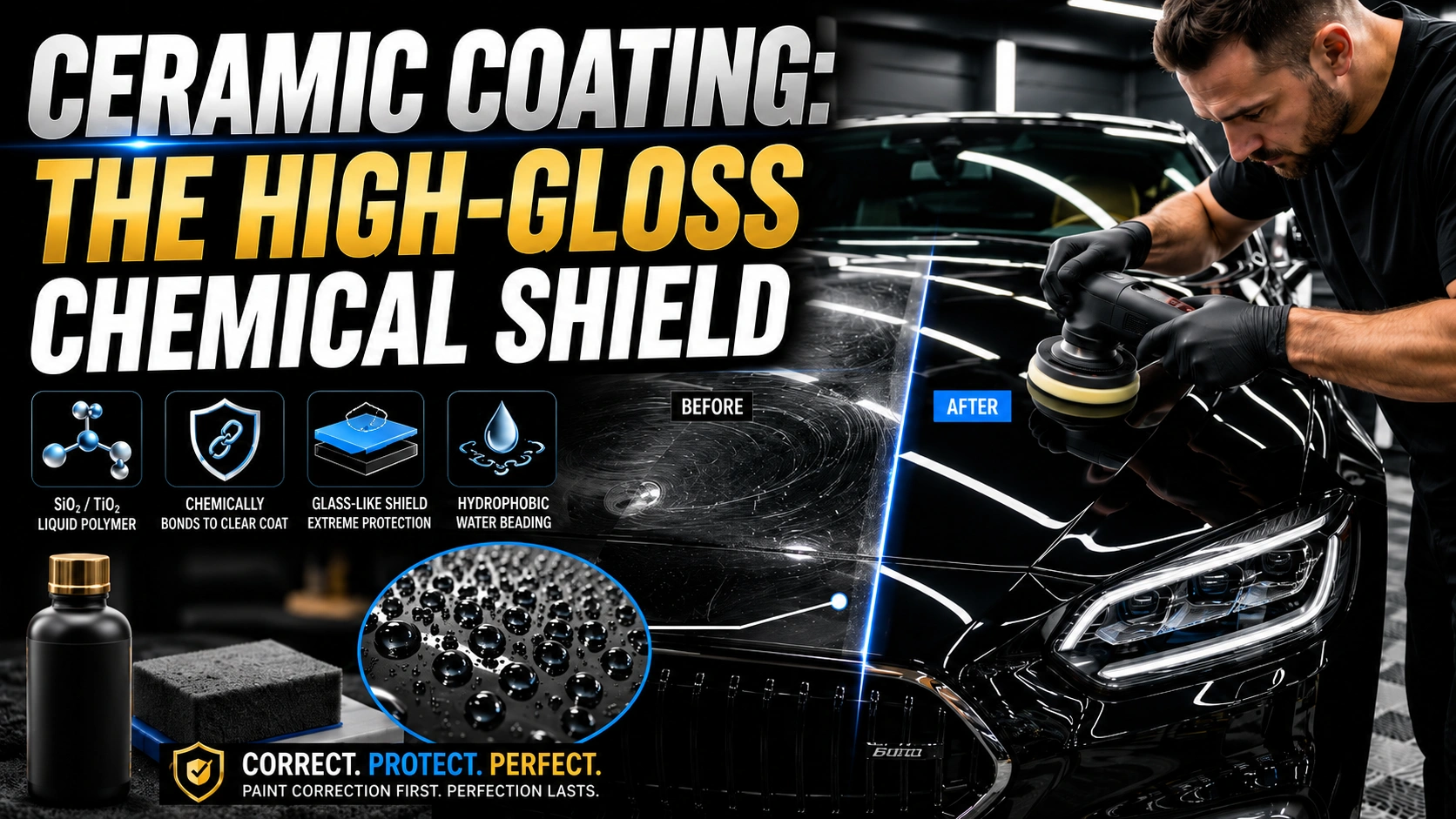Extreme hydrophobic water beading effect on ceramic coated black car hood