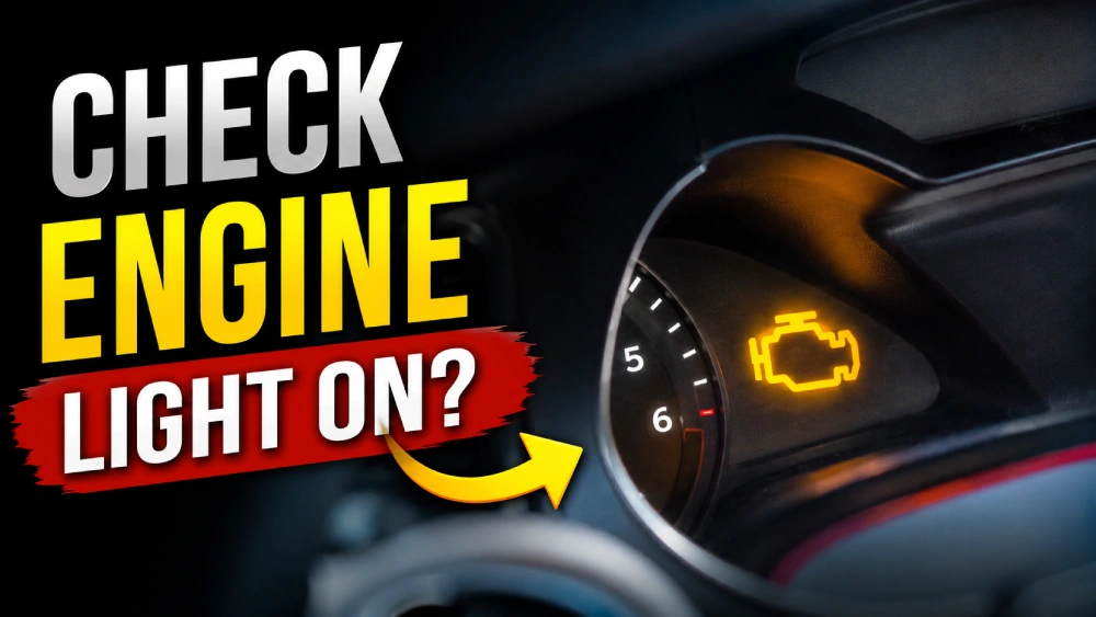 Close-up of illuminated check engine light on car dashboard