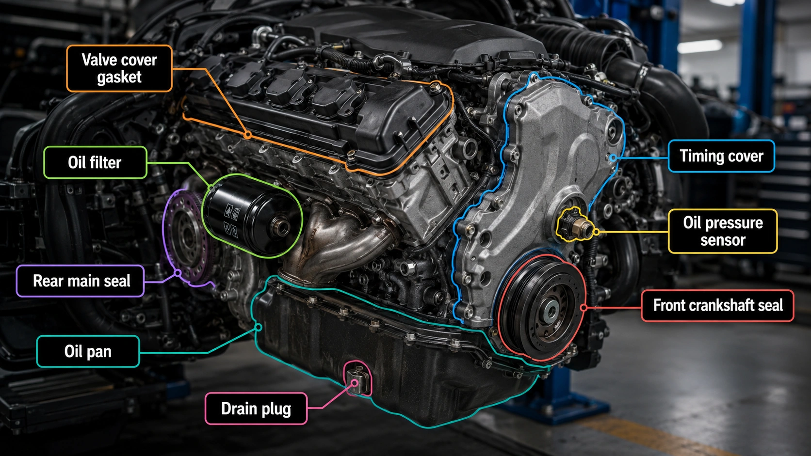 close-up of modern car engine highlighting common oil leak locations