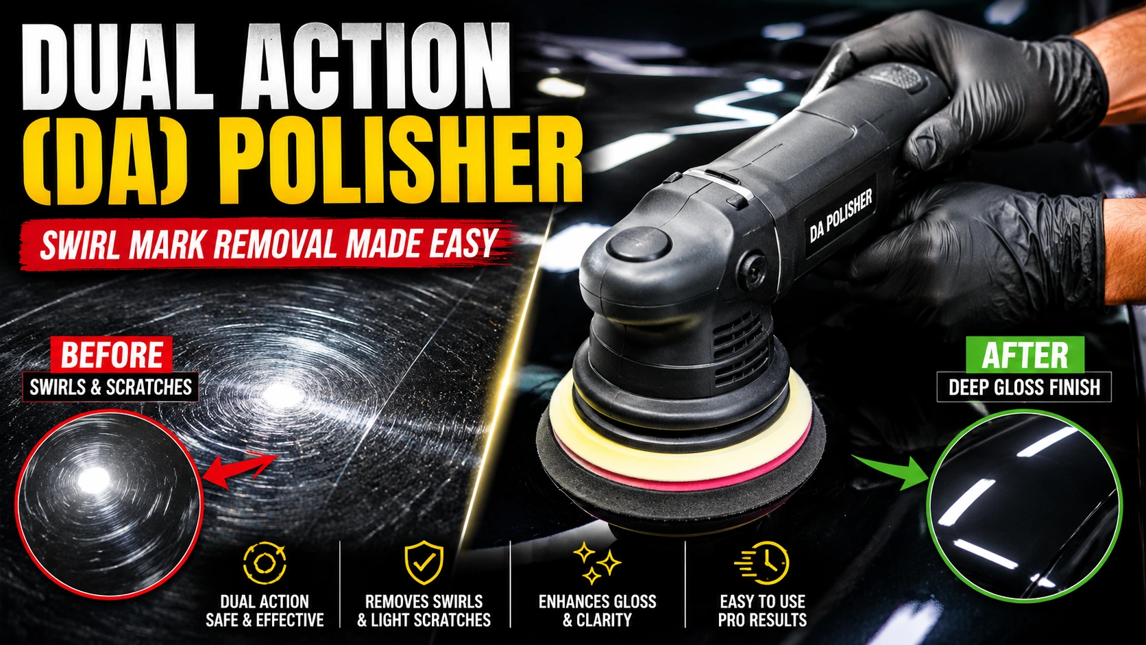Professional detailer using dual action polisher on black car paint