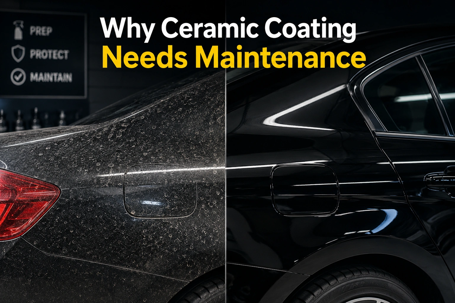 dirty car surface with dust and water spots vs clean coated car