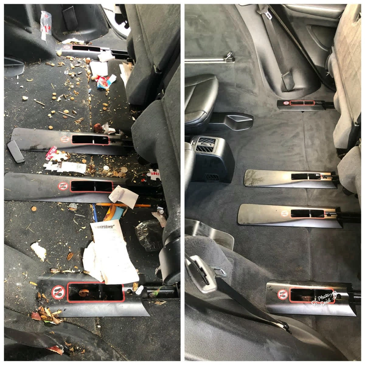 Before and after professional car interior detailing showing the transformation from a dirty to a clean floor area.