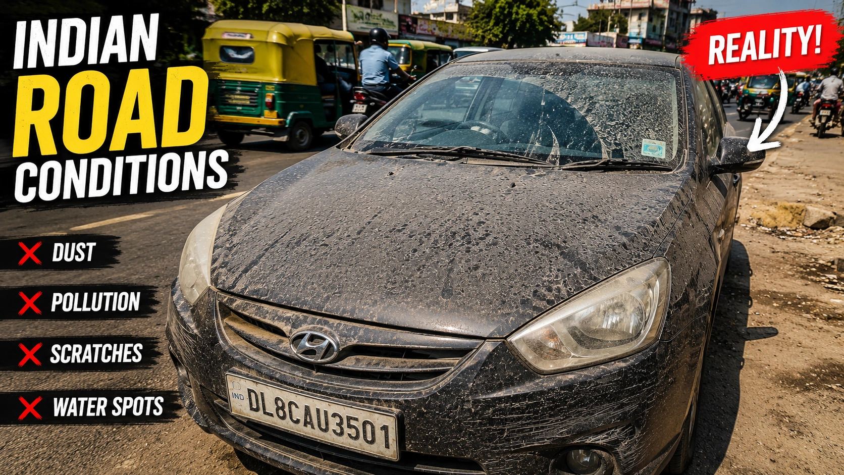 dusty car in Indian road conditions
