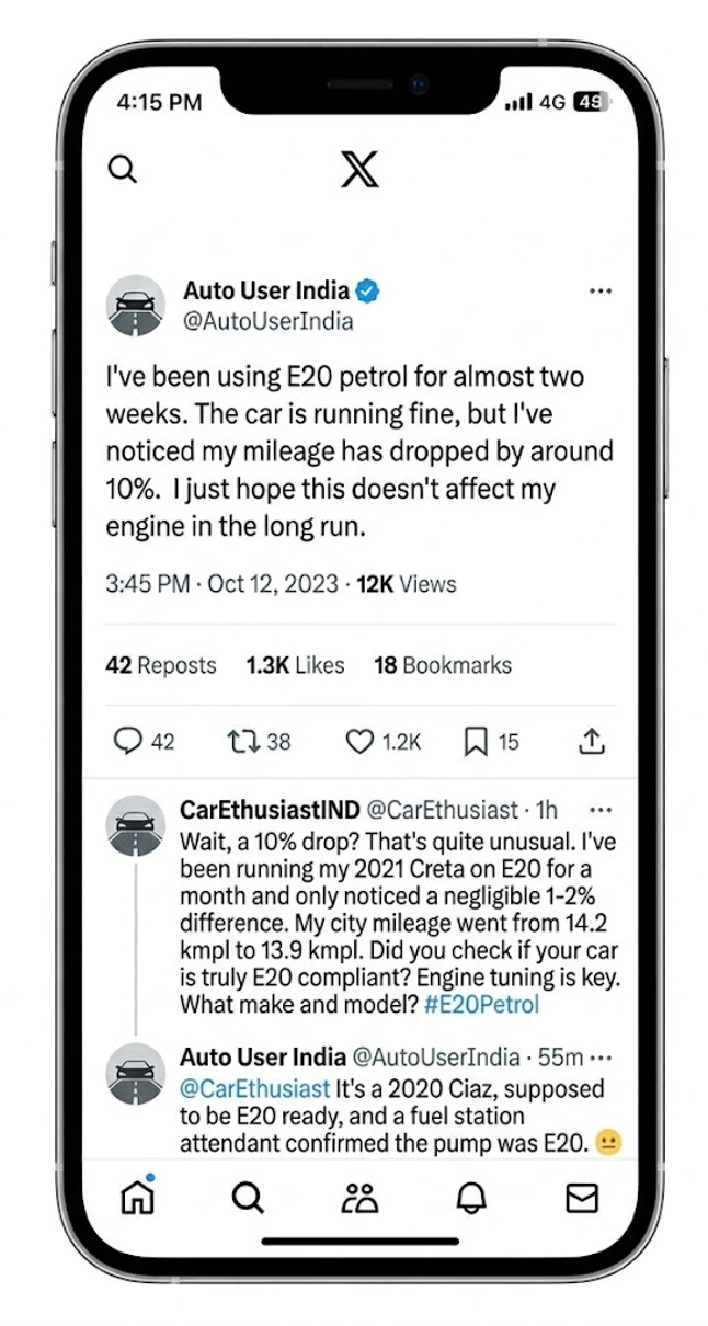 social media user reaction to E20 petrol mileage impact