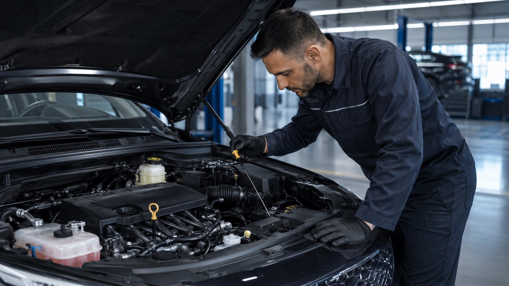 professional technician engine bay cleaning