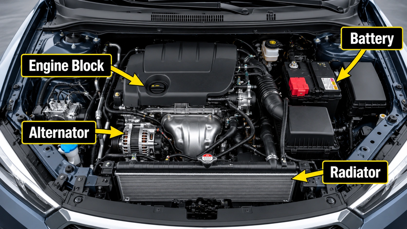 Main components of a car engine bay explained