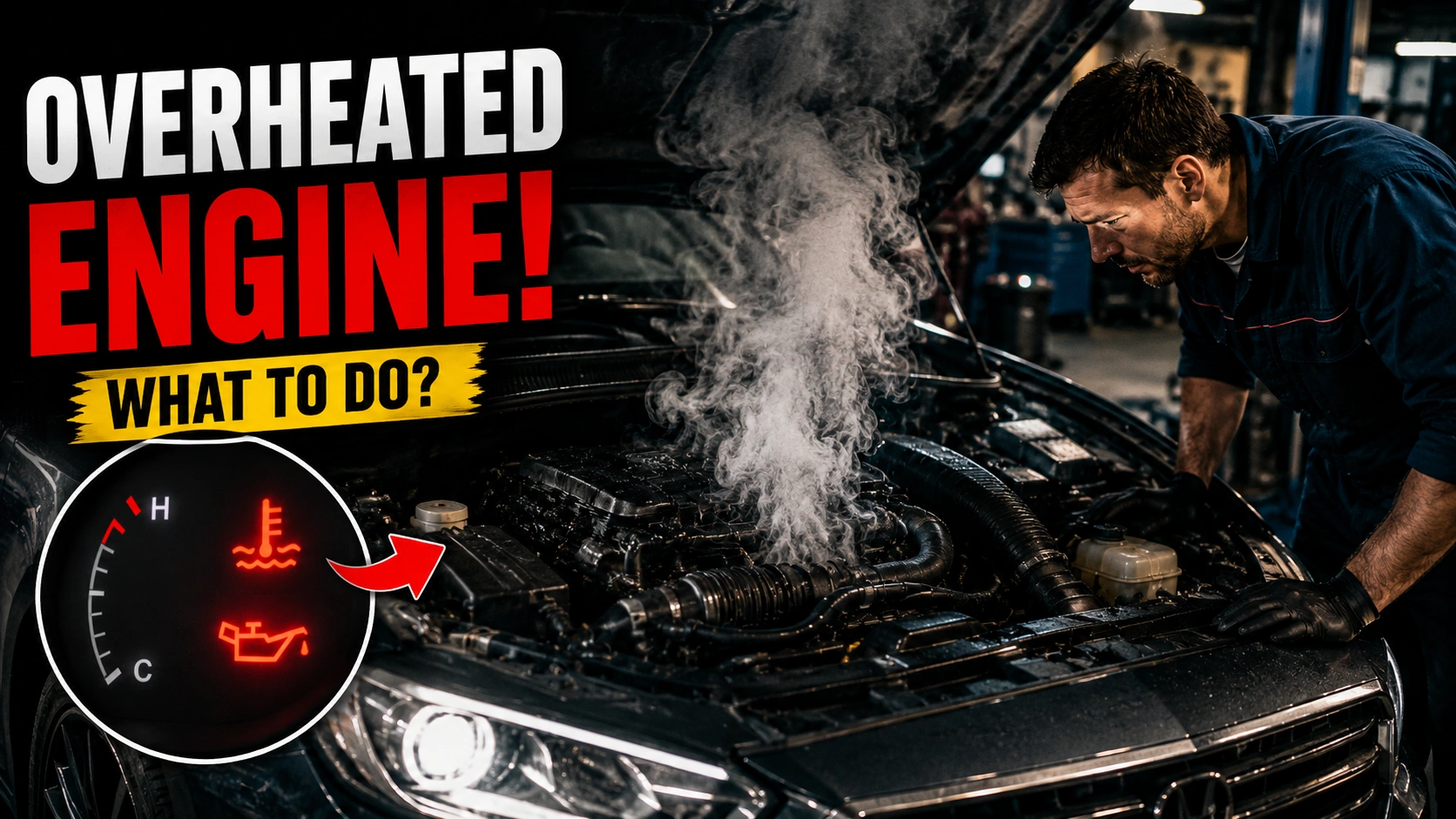 Overheated car engine with red temperature warning light on dashboard