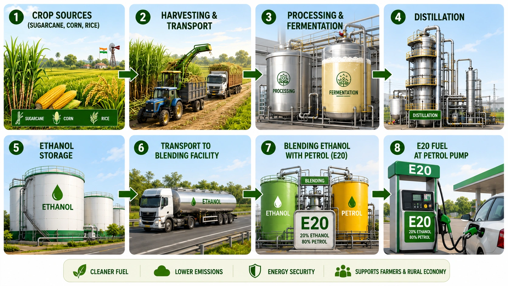 ethanol production process from sugarcane to E20 fuel