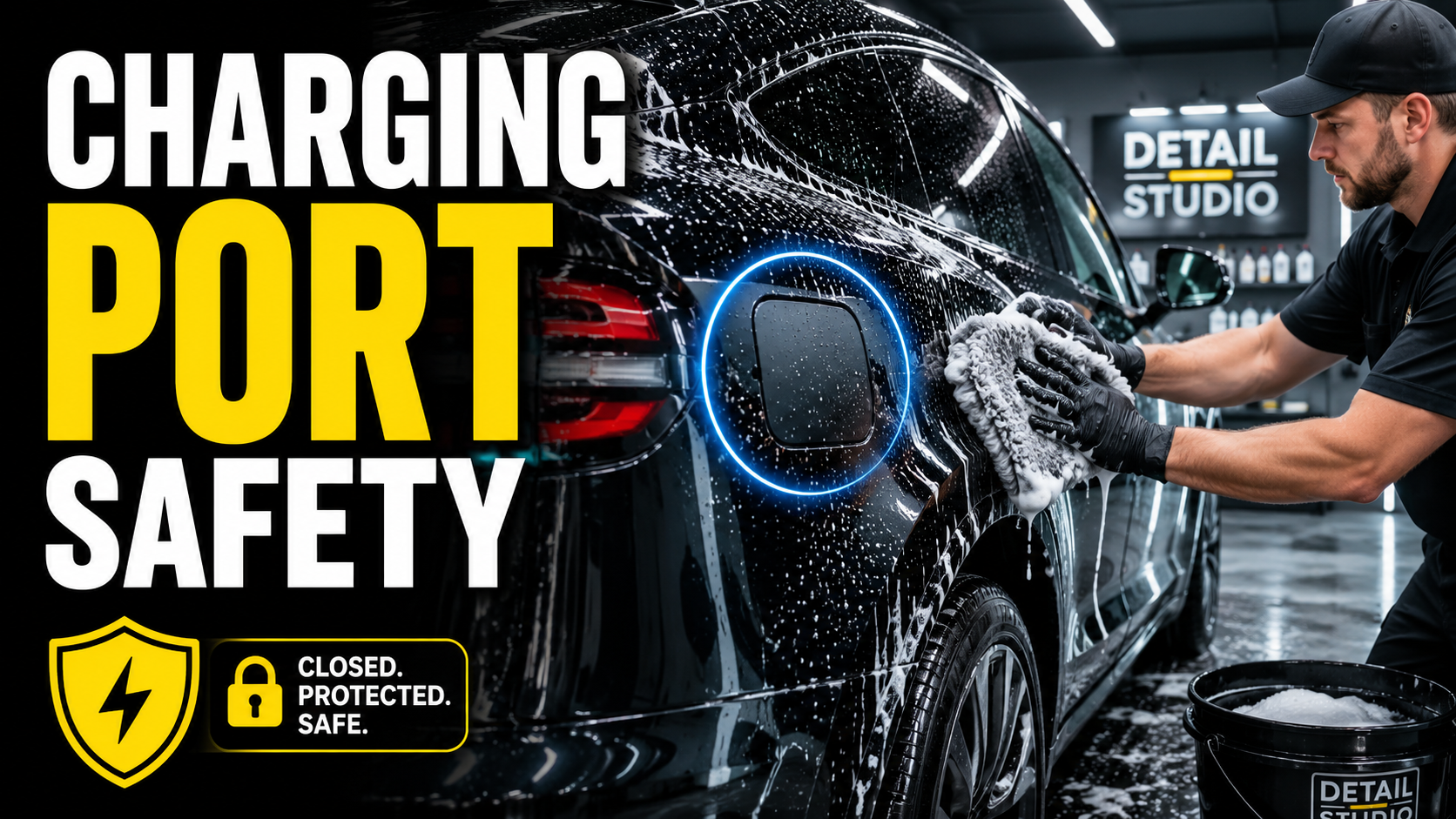 Electric vehicle charging port safety during car washing