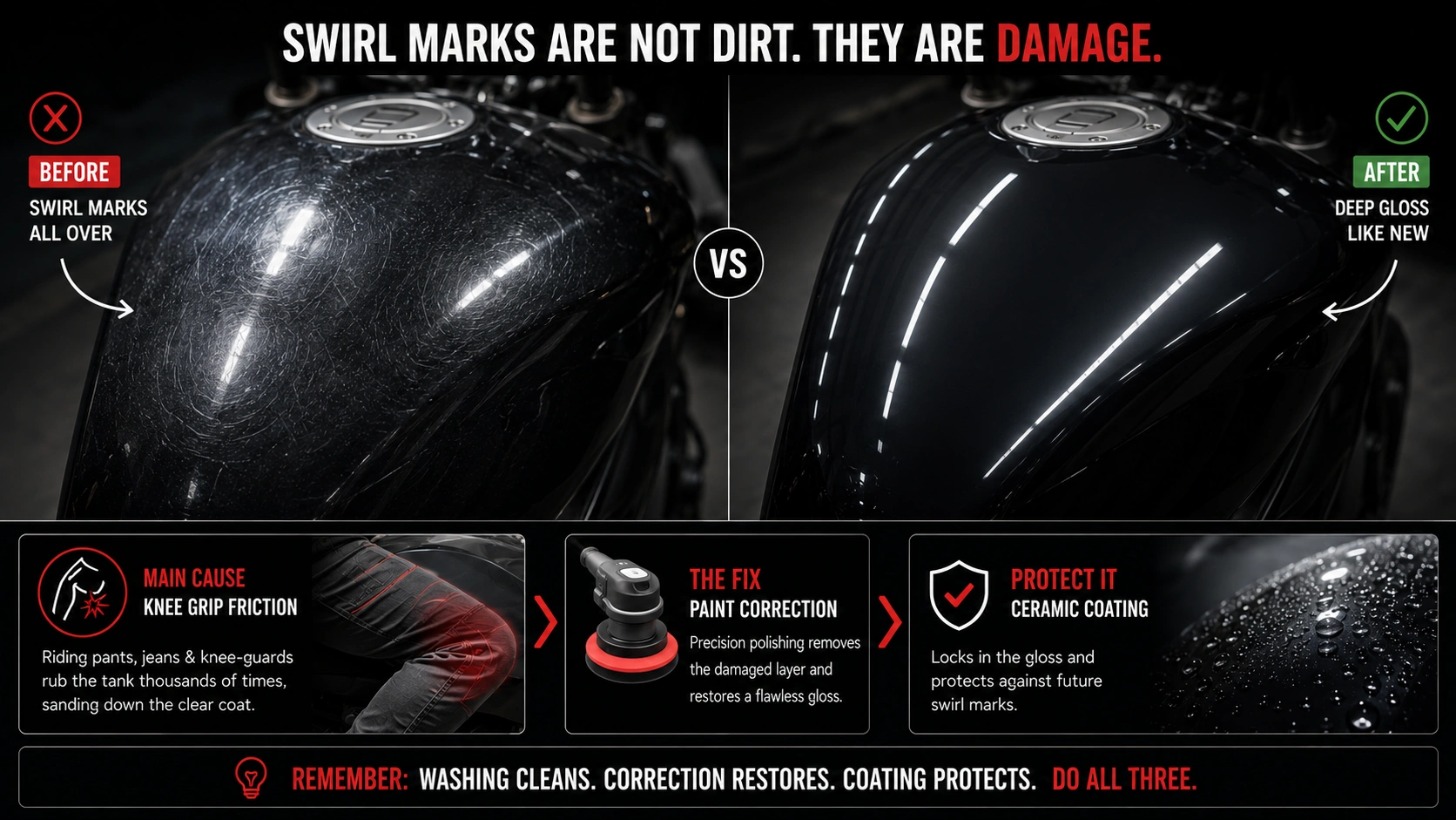 motorcycle fuel tank knee grip scratches and swirl marks