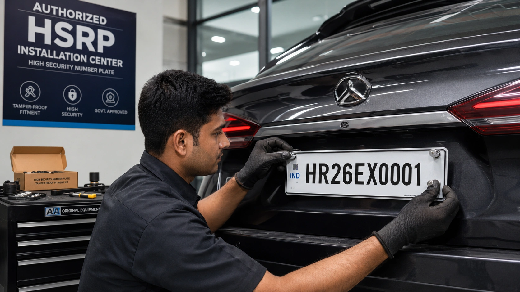 authorized HSRP installation center technician installing plate on car