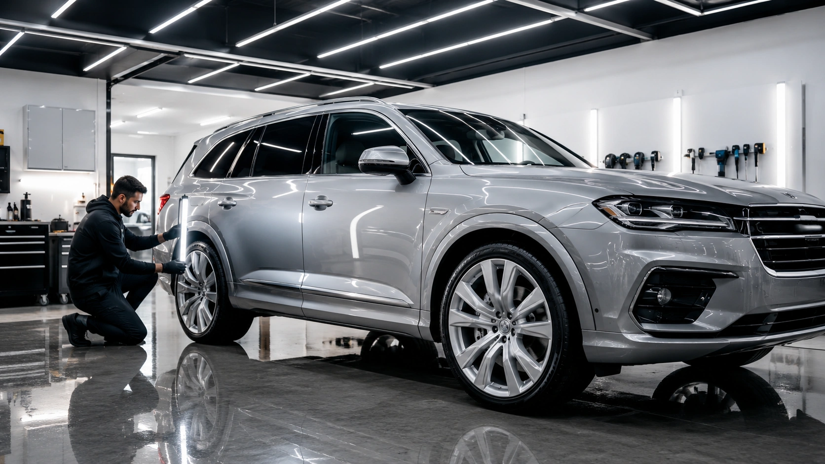 luxury silver SUV after professional detailing ready for lease inspection