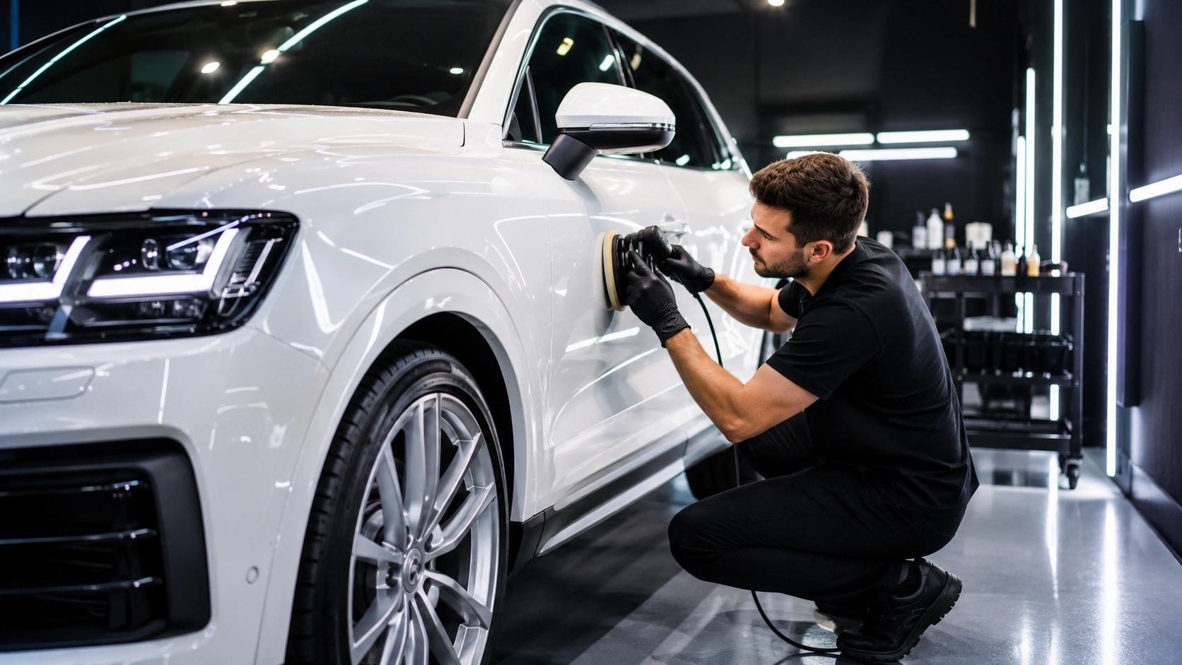 professional technician polishing white luxury SUV for lease return