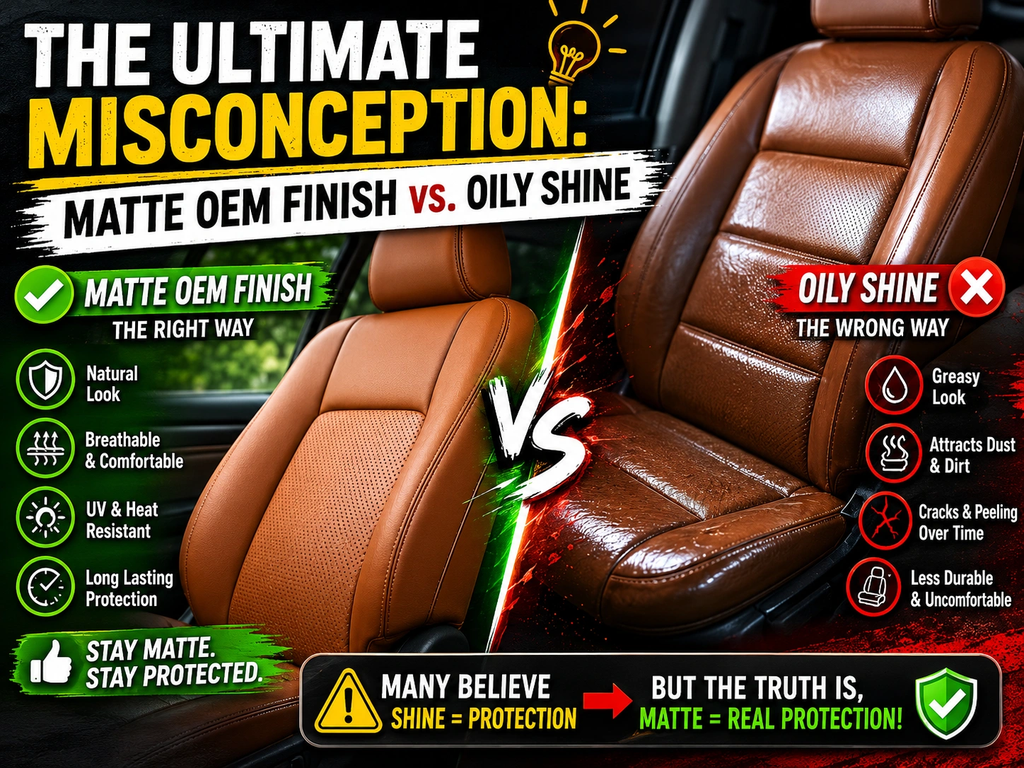 matte OEM leather vs shiny dirty leather car seats