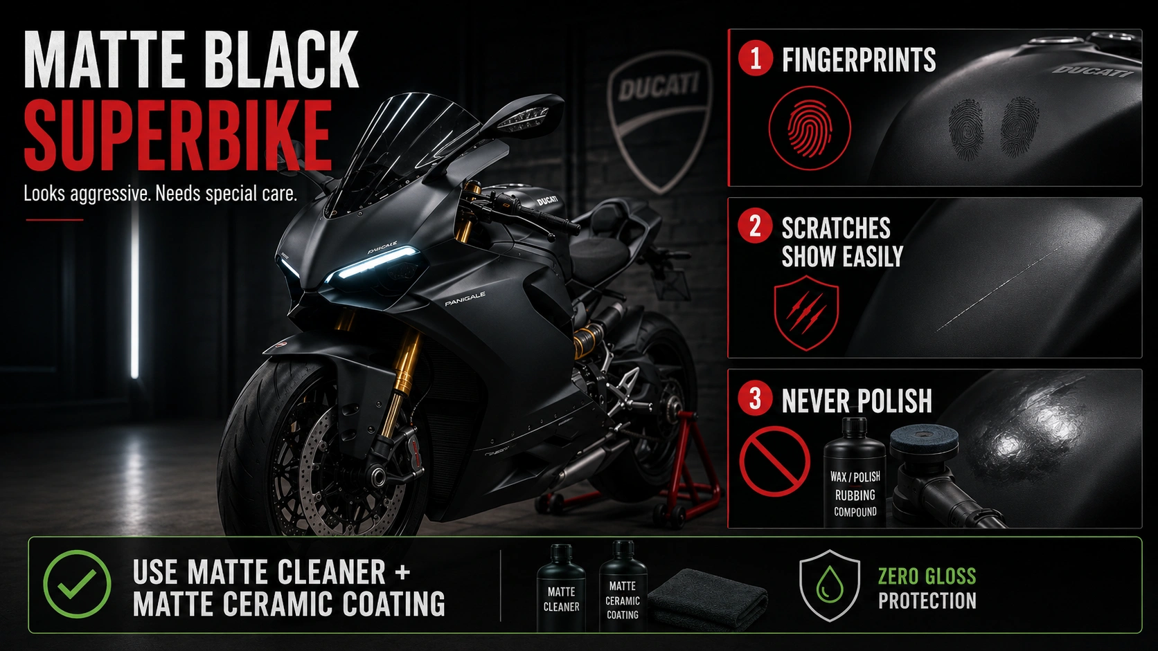 fingerprints and scratches on matte black motorcycle paint