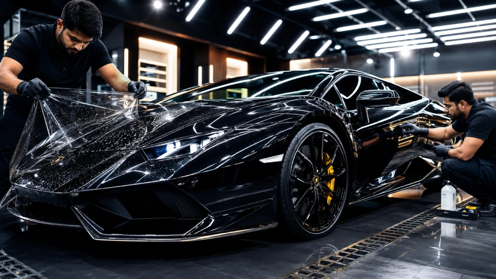 Luxury sports car receiving PPF and graphene coating in studio