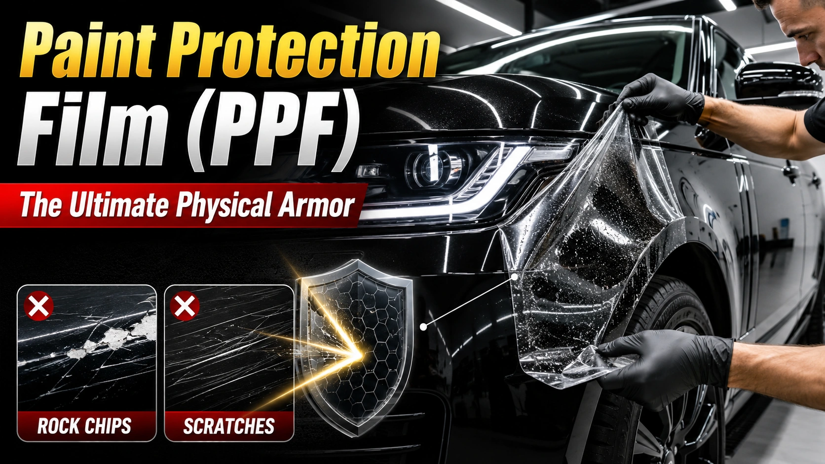 Close-up of transparent paint protection film protecting luxury car paint