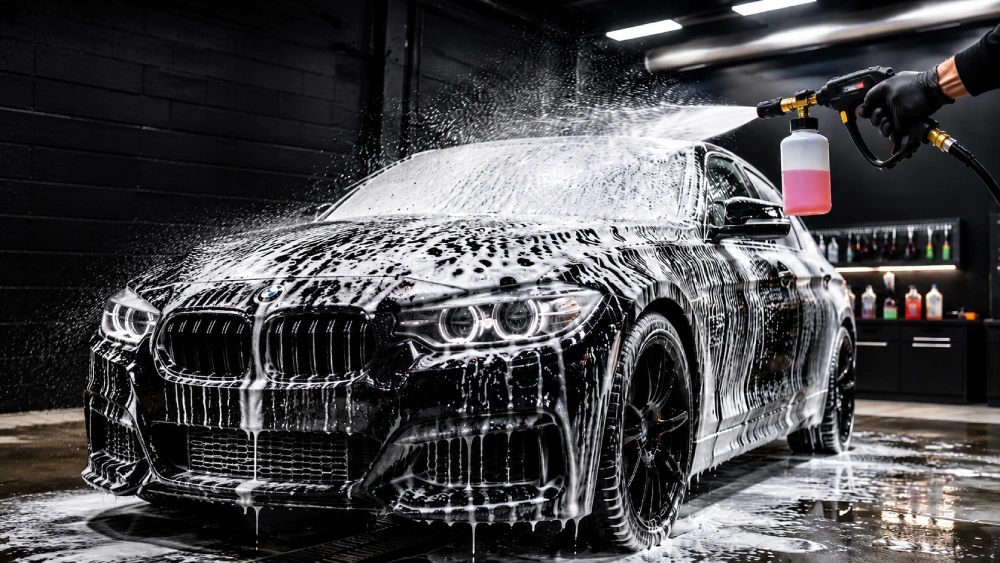High pressure washer and foam cannon washing luxury black car