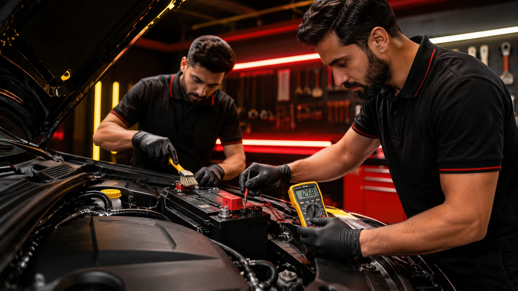 technician cleaning battery terminals and checking voltage with multimeter