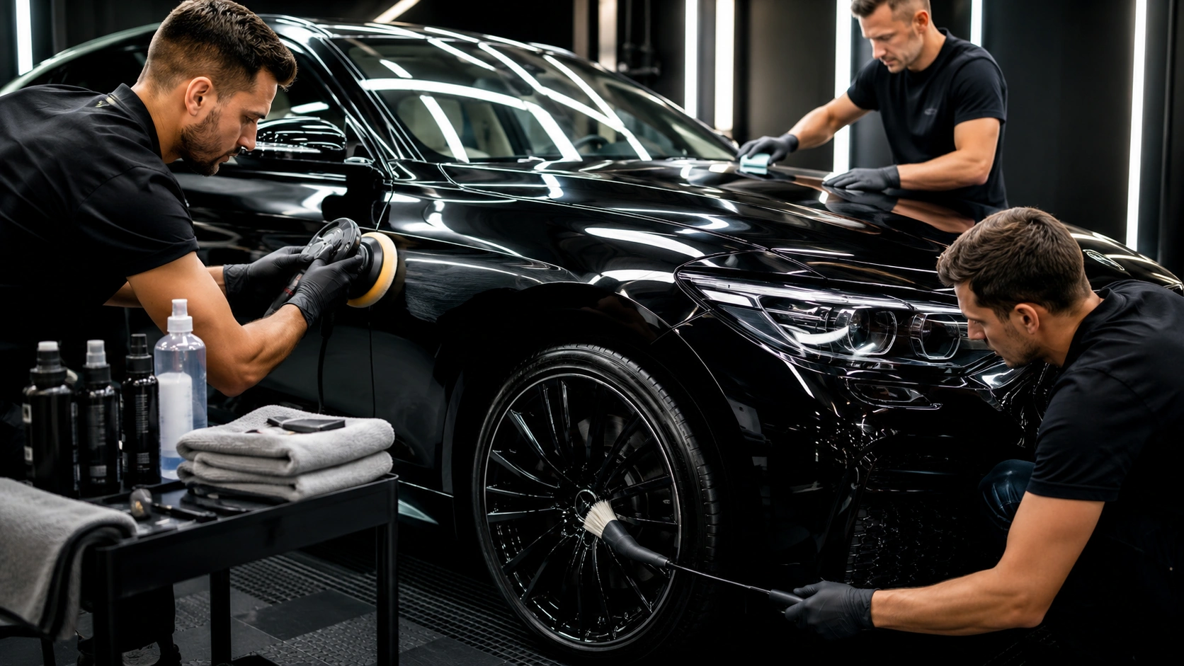Professional car detailing service with polishing, wheel cleaning, and ceramic coating application