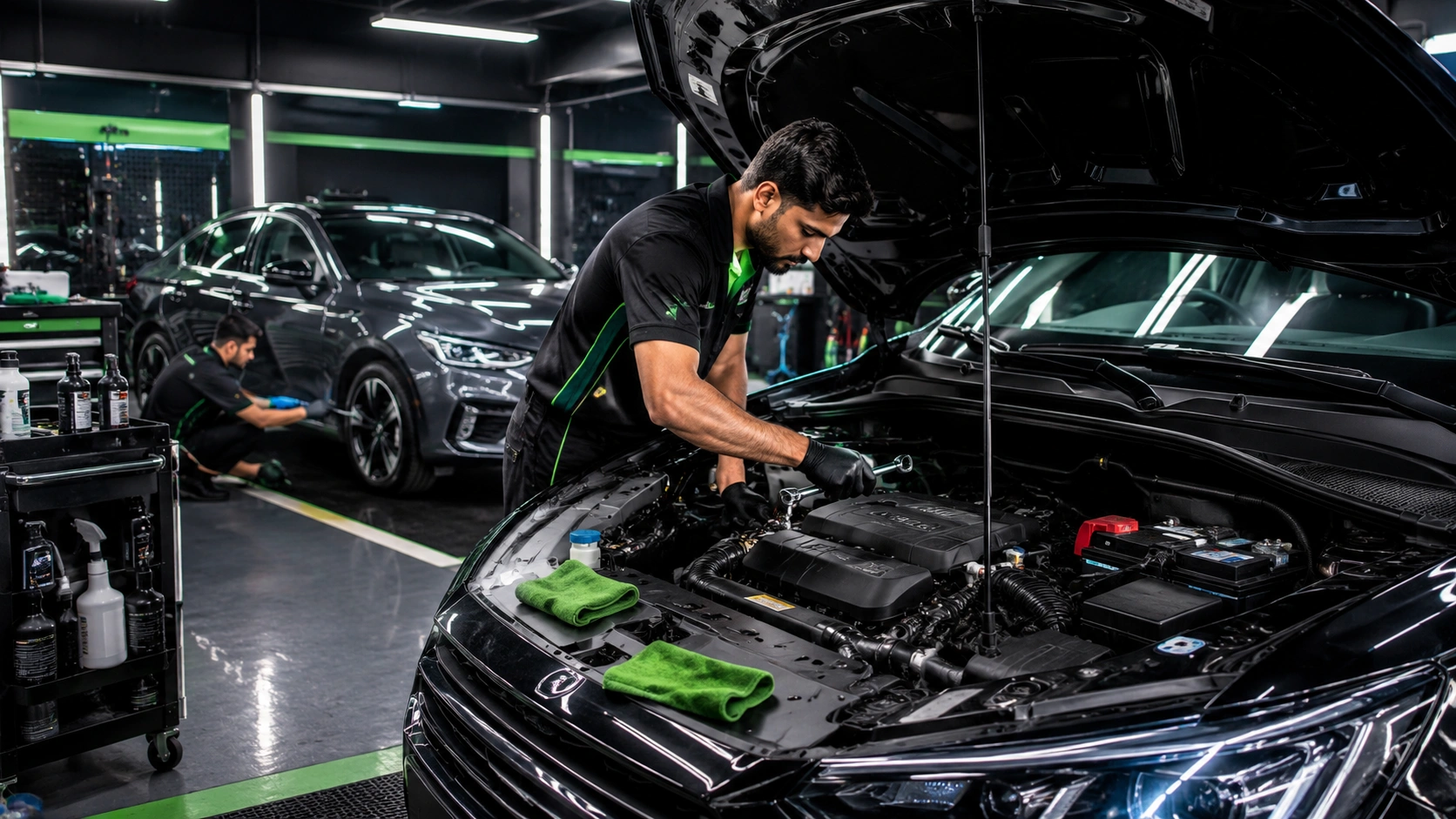 technician performing routine maintenance on polished hatchback in detailing studio