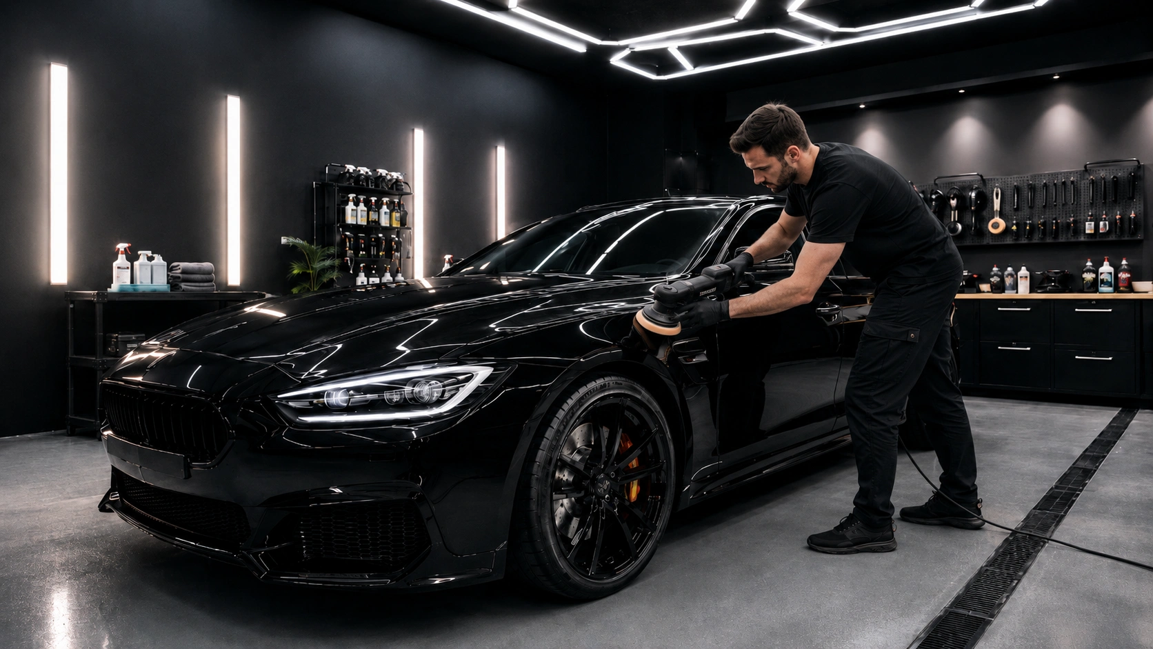 professional car detailing studio with paint correction and ceramic coating