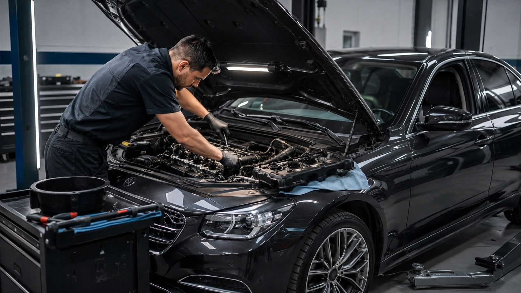 professional technician repairing engine oil leak on luxury sedan
