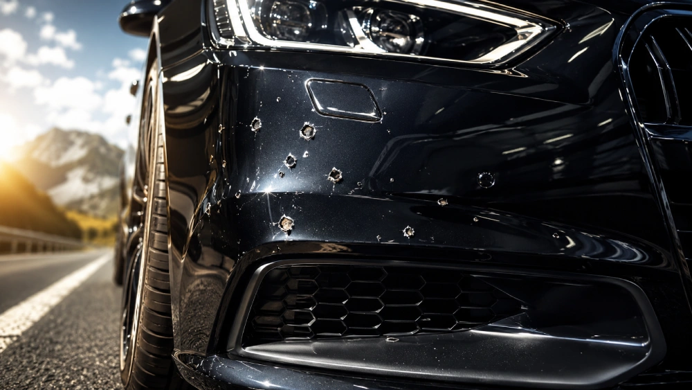 Highway rock chip damage on ceramic coated car bumper