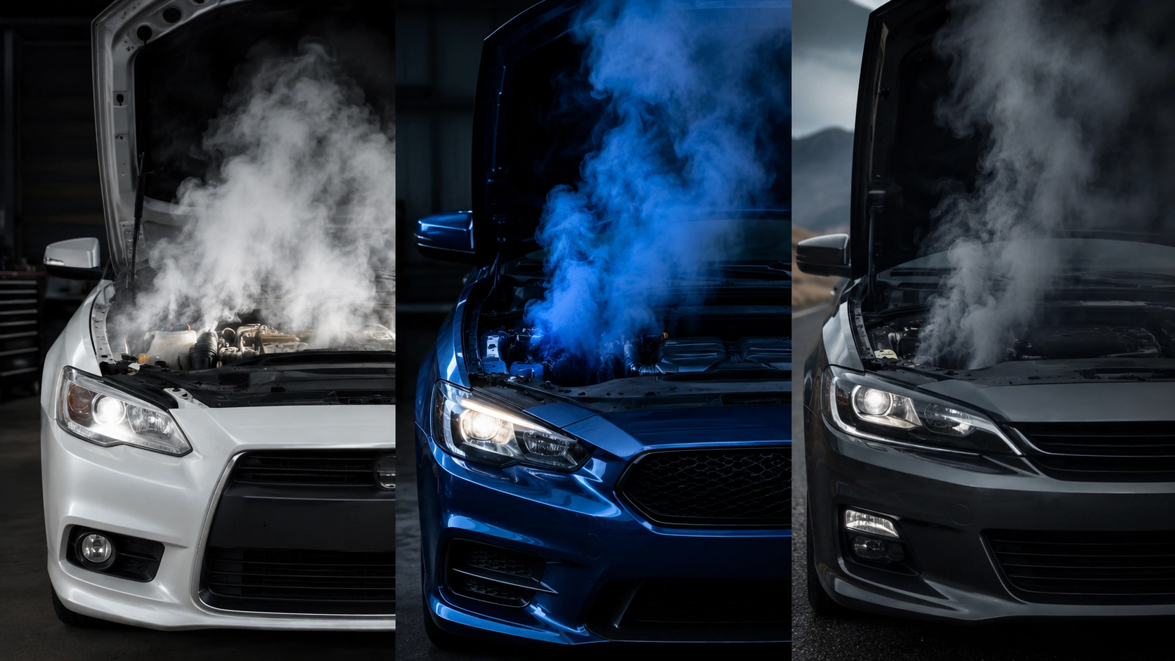 white blue and gray smoke comparison from car hoods