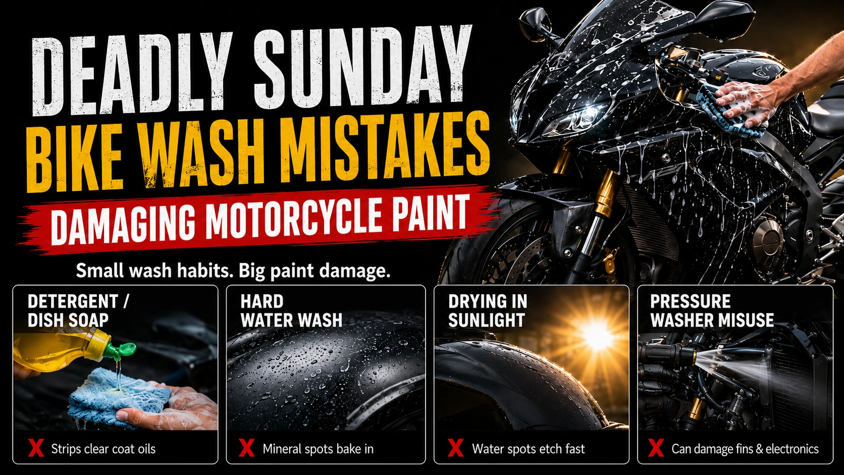 common Sunday bike washing mistakes damaging motorcycle paint