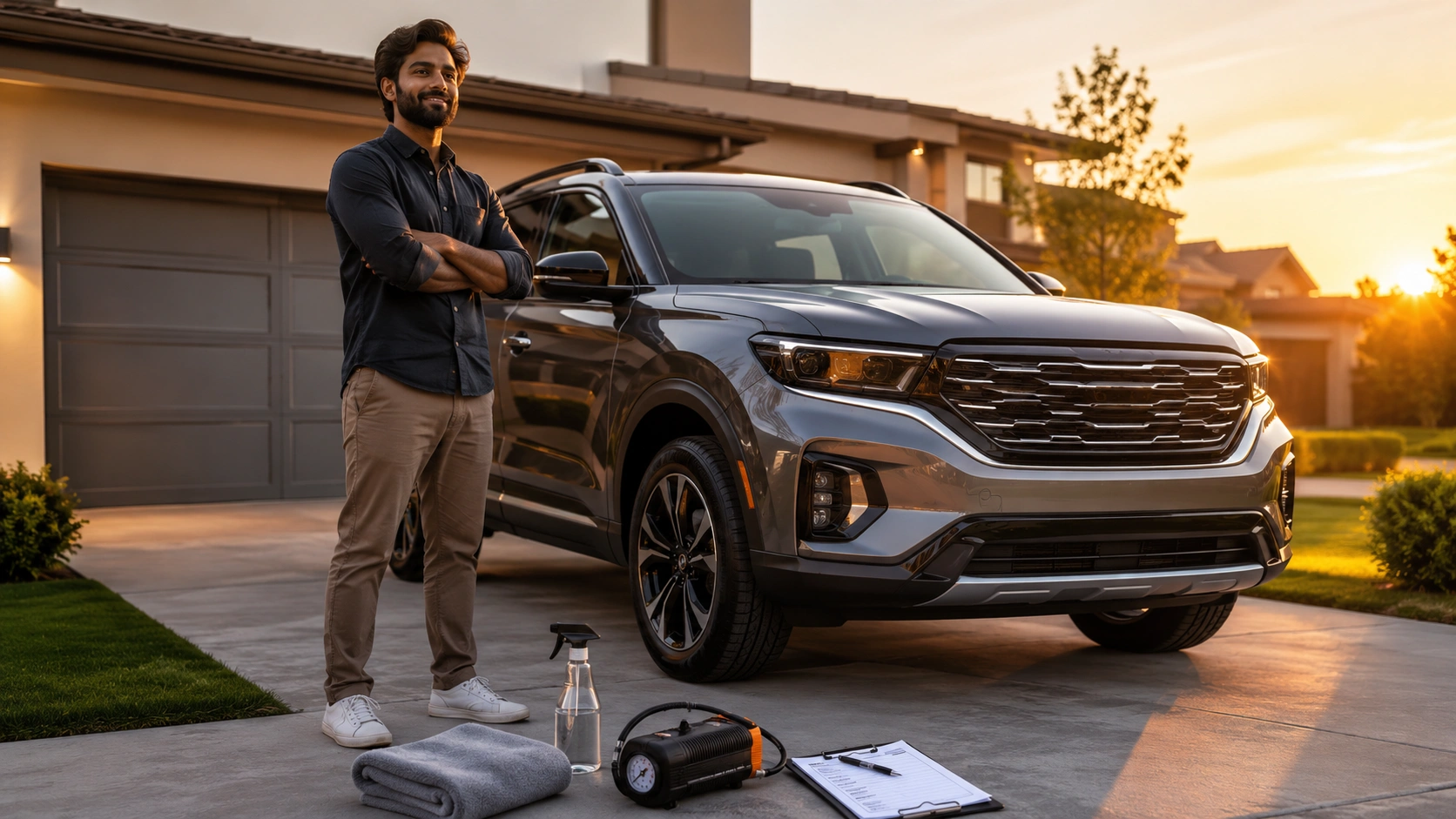 proud car owner with clean SUV after routine maintenance