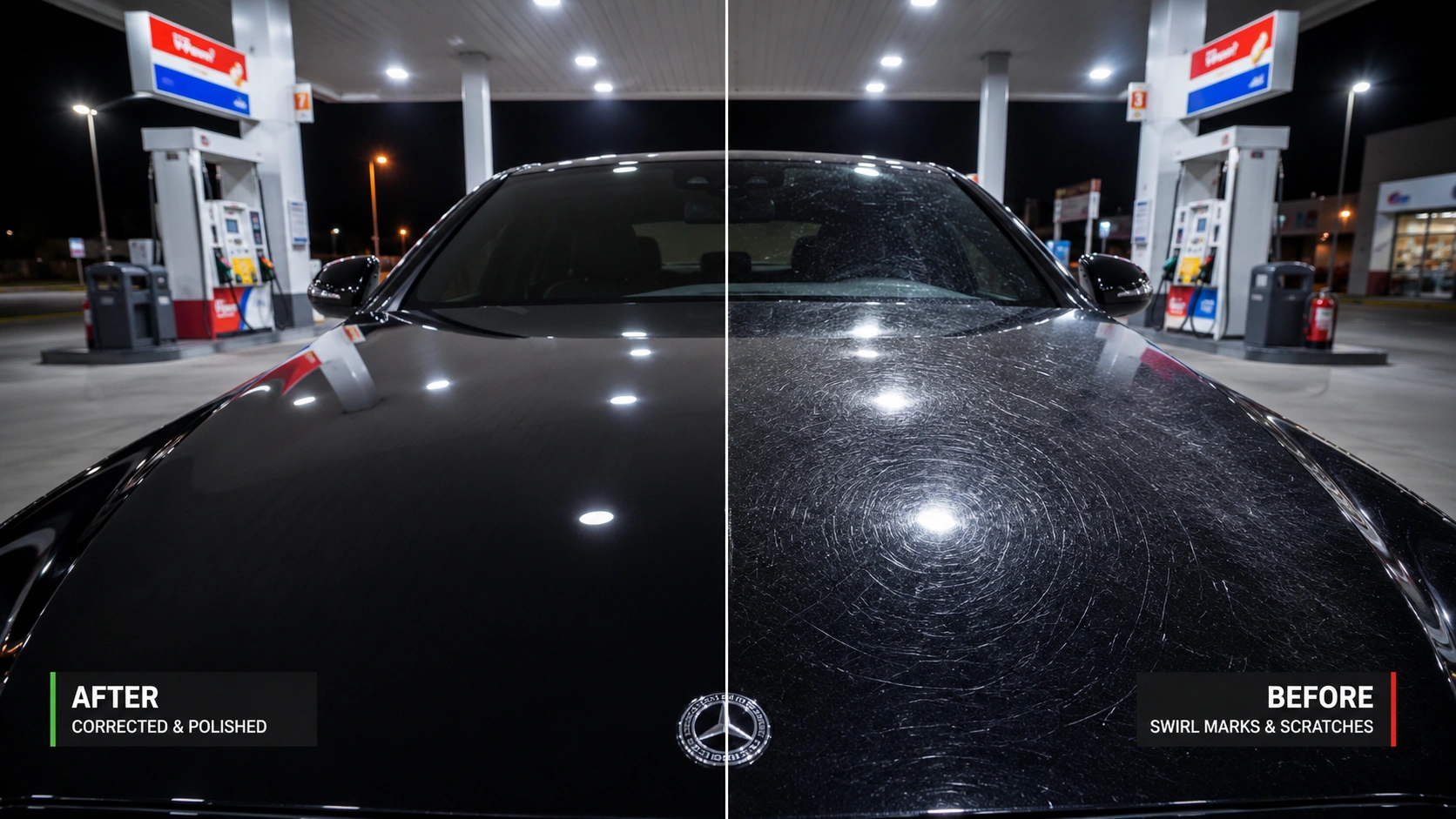 swirl marks visible under petrol pump LED lights on black car
